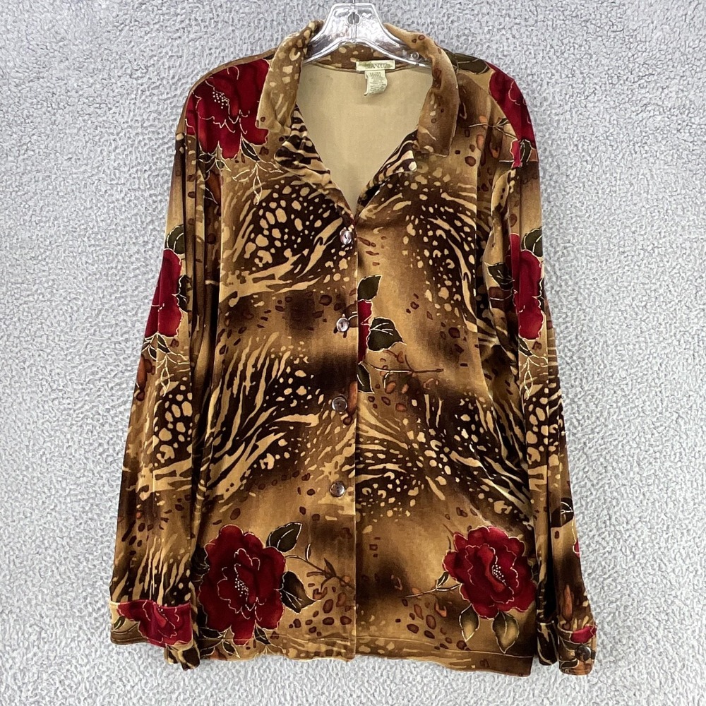 Islander Blouse Womens XL Brown Velour Collared Button‎ Boho Vintage 80's